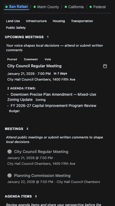 CivicOS browser extension showing San Rafael city council meetings and agenda items